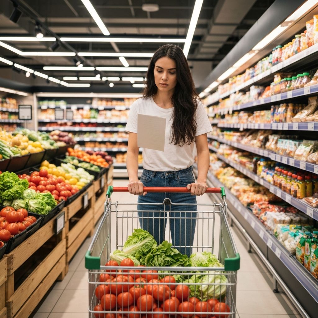 Person grocery shopping with a list, thoughtfully selecting fresh produce and items in a well-lit supermarket