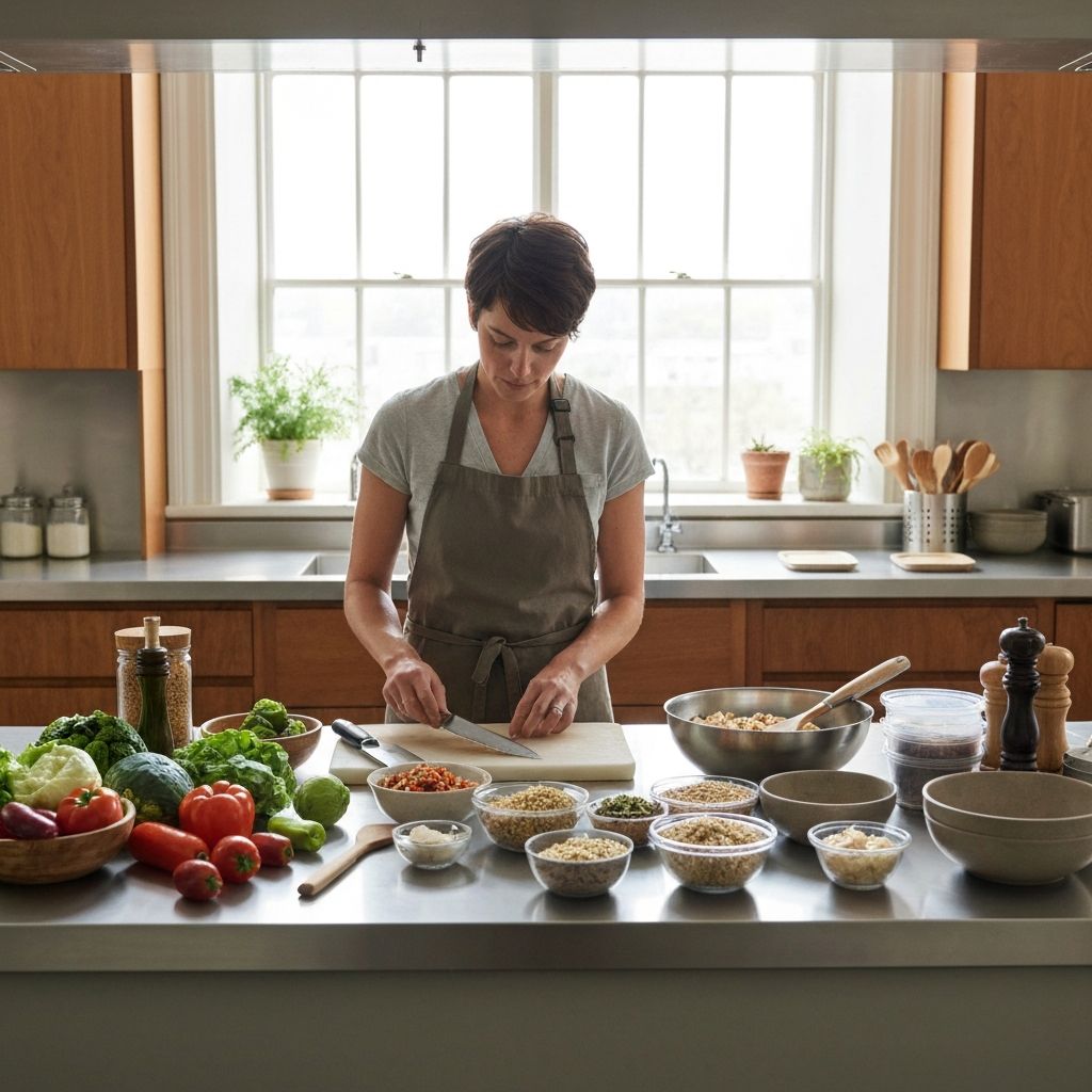 Person planning and preparing a weekday lunch in a calm kitchen with fresh ingredients and meal containers